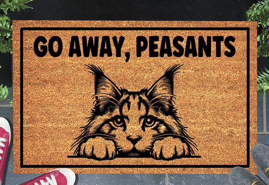 Maine Coon Cat Go Away Peasants coir doormat displayed in entryway