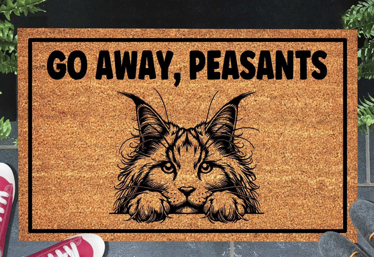 Maine Coon Cat Go Away Peasants coir doormat displayed in entryway