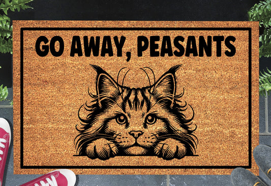 Maine Coon Cat Go Away Peasants coir doormat displayed in entryway