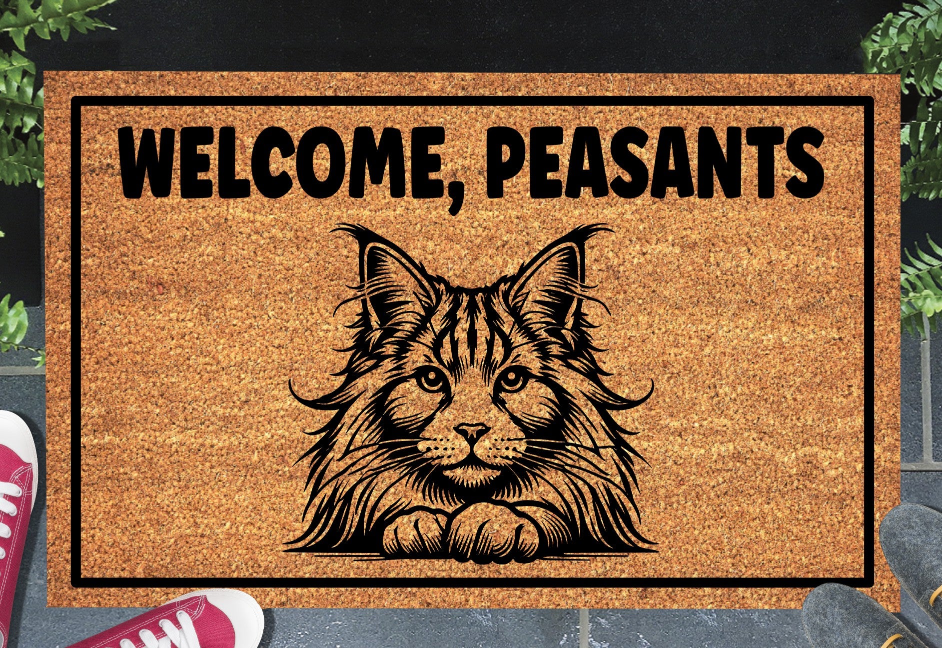 Maine Coon Cat doormat shown at front door entryway