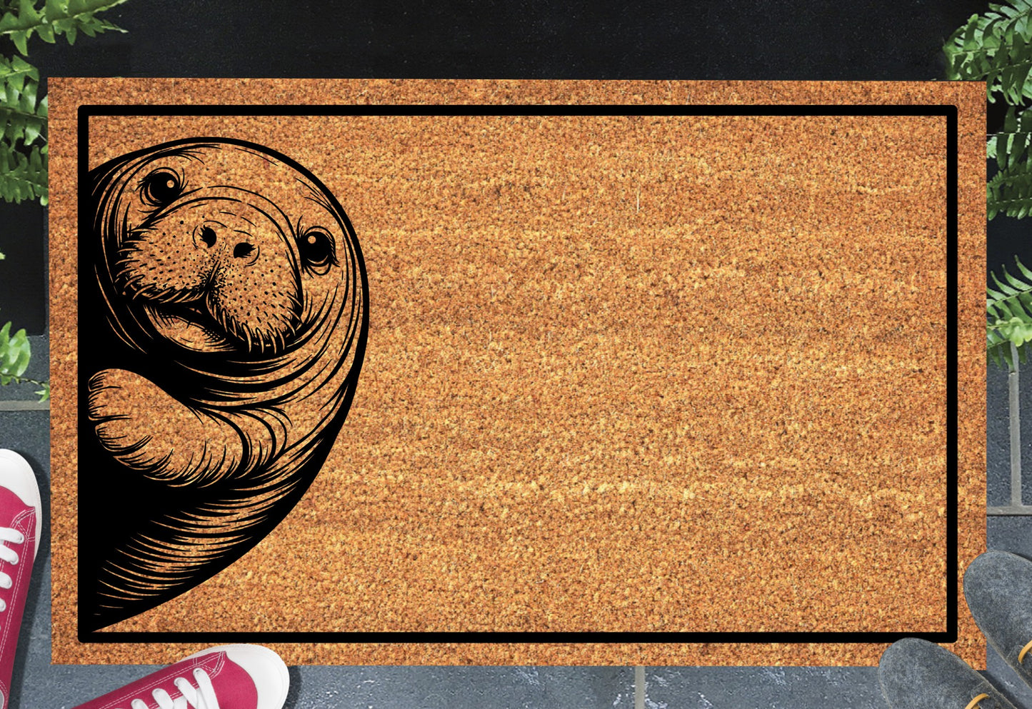 Manatee doormat on front porch entryway showing natural coir texture and peeking manatee graphic