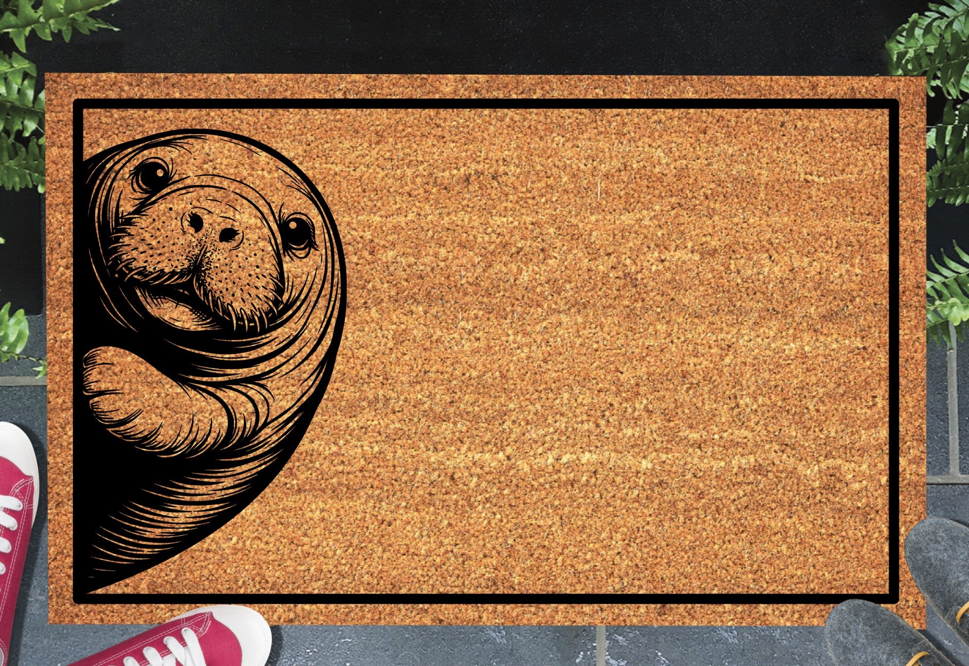 Manatee doormat on front porch entryway showing natural coir texture and peeking manatee graphic