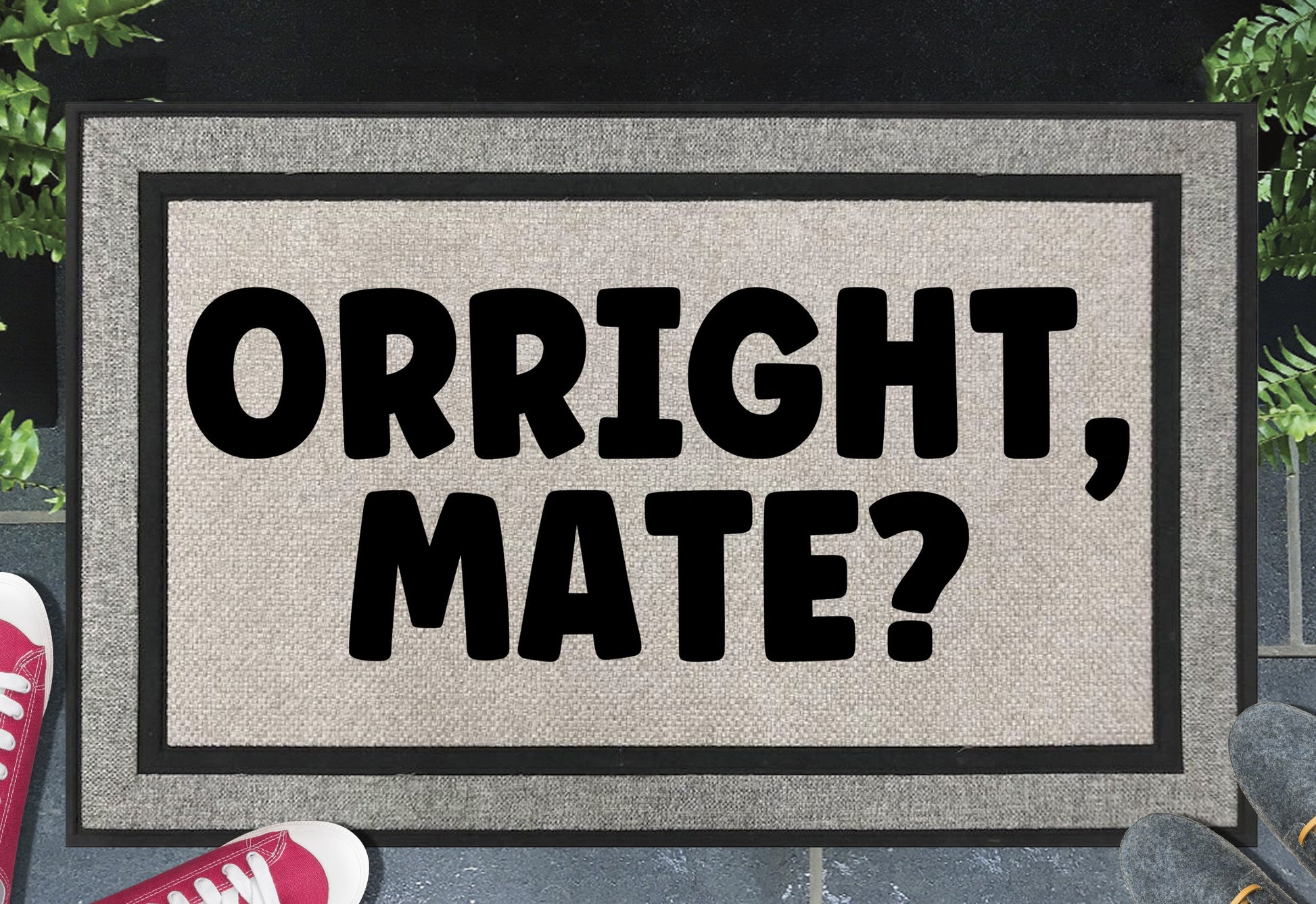 Orright, Mate Doormat #1 — All weather British welcome mat, 18x30", UV-resistant woven polyester