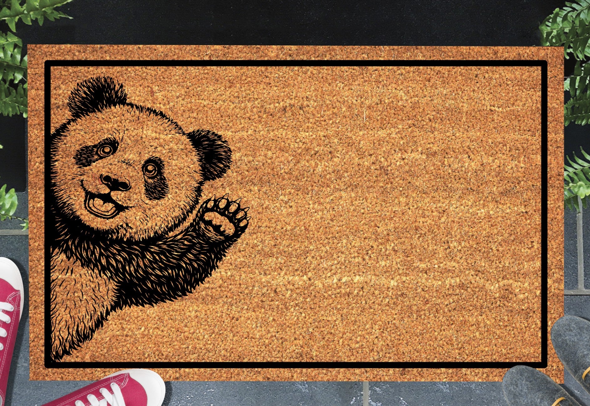 Panda Peeking Doormat - Natural coir welcome mat featuring adorable peeping panda bear design with non-slip backing
