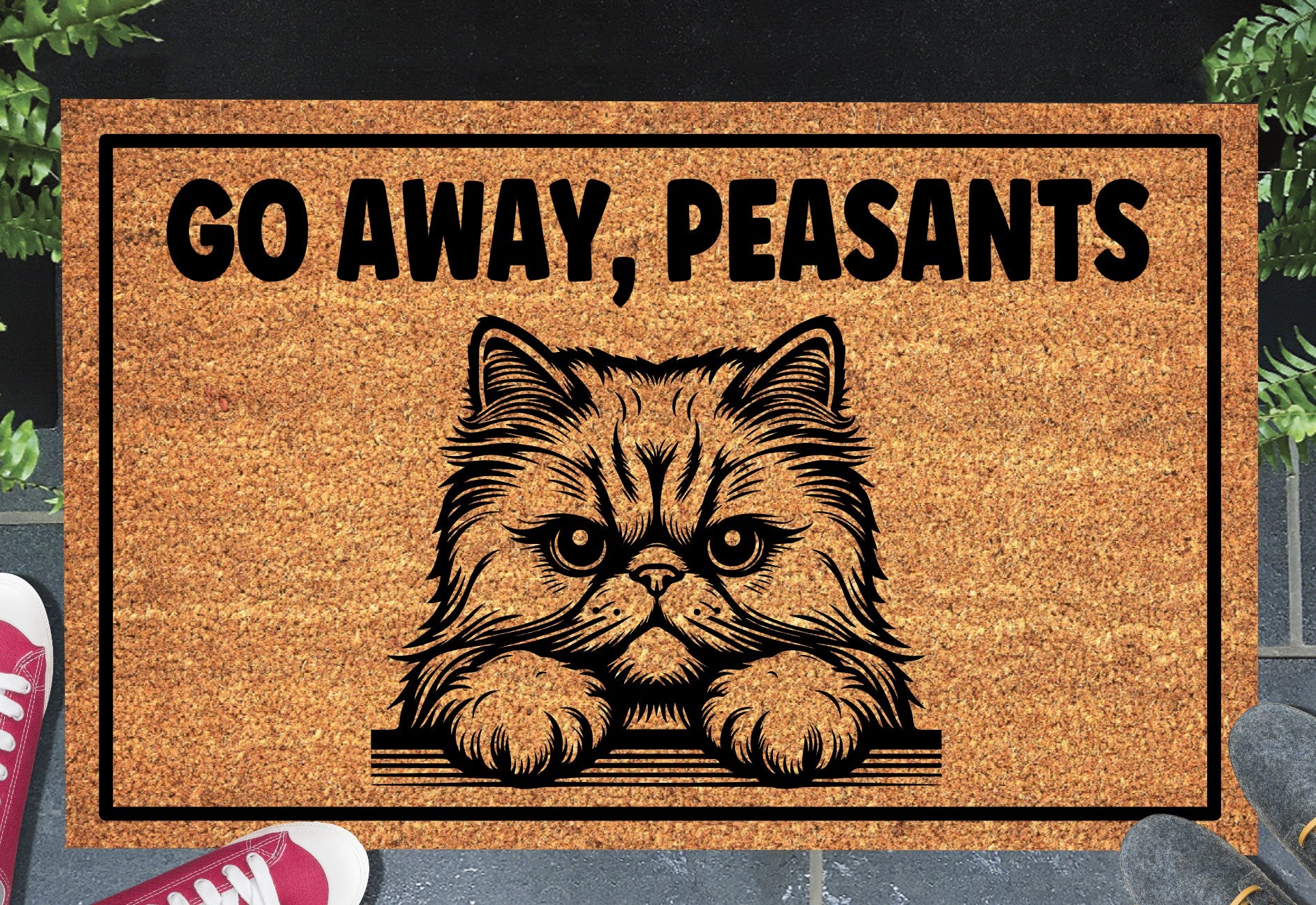 Persian cat coir doormat with Go Away Peasants text