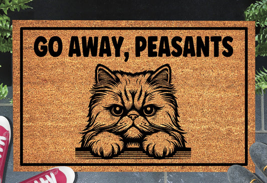 Persian cat coir doormat with Go Away Peasants text