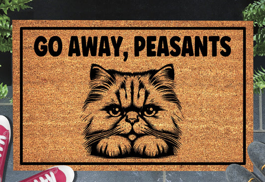 Persian cat coir doormat with Go Away Peasants text
