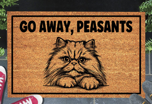 Persian cat coir doormat with Go Away Peasants text