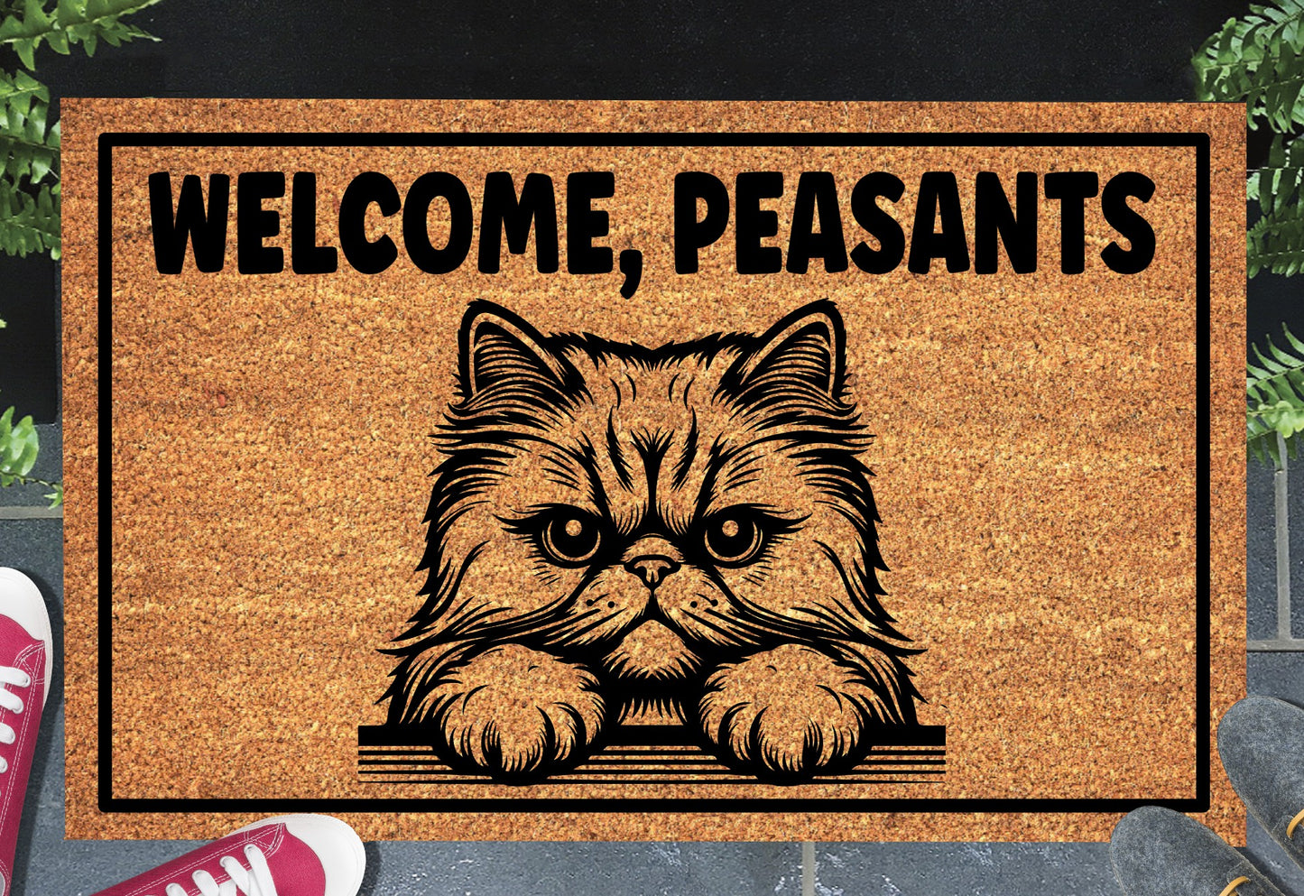 Persian cat coir doormat with Welcome Peasants text