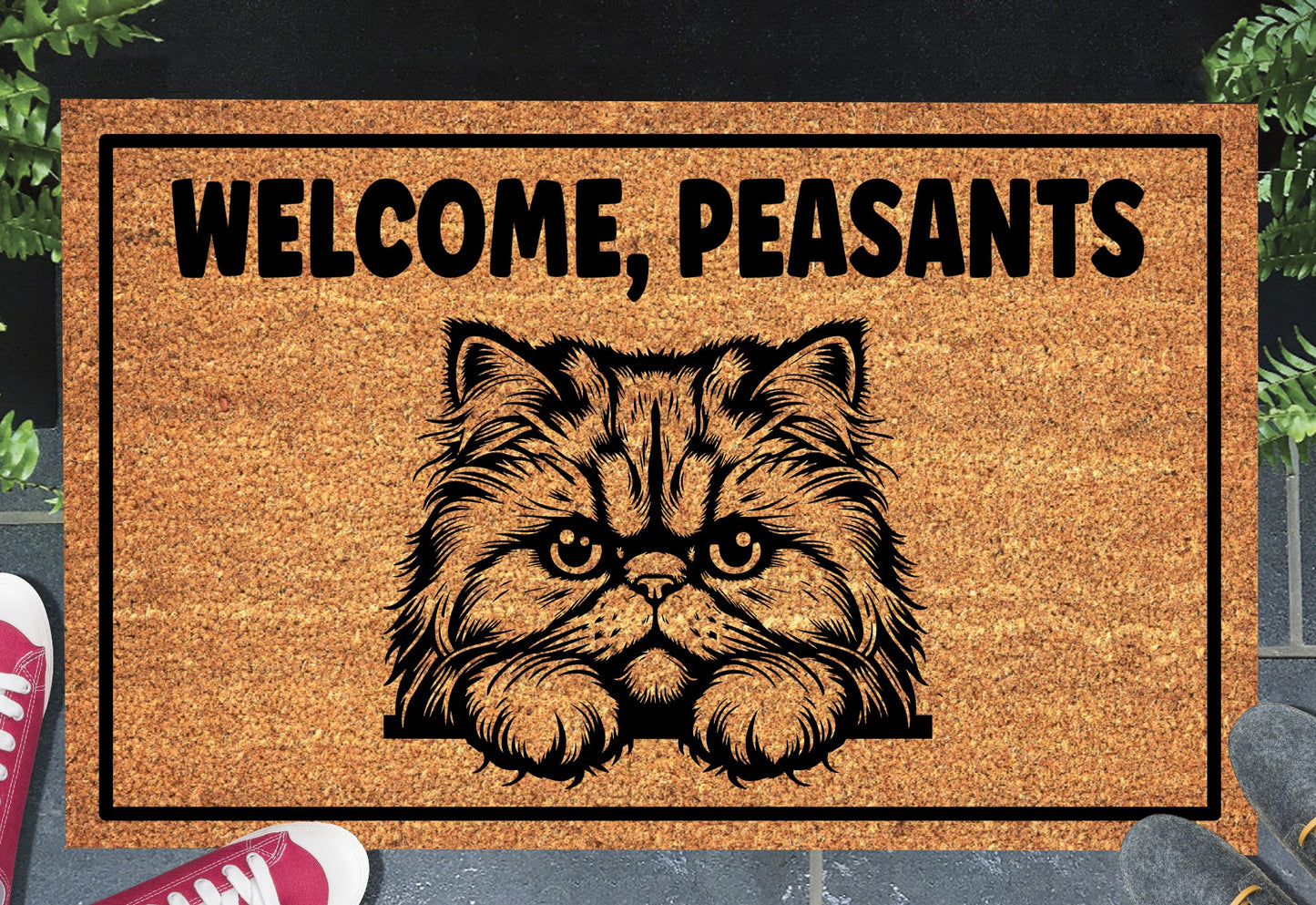 Persian cat coir doormat with Welcome Peasants text