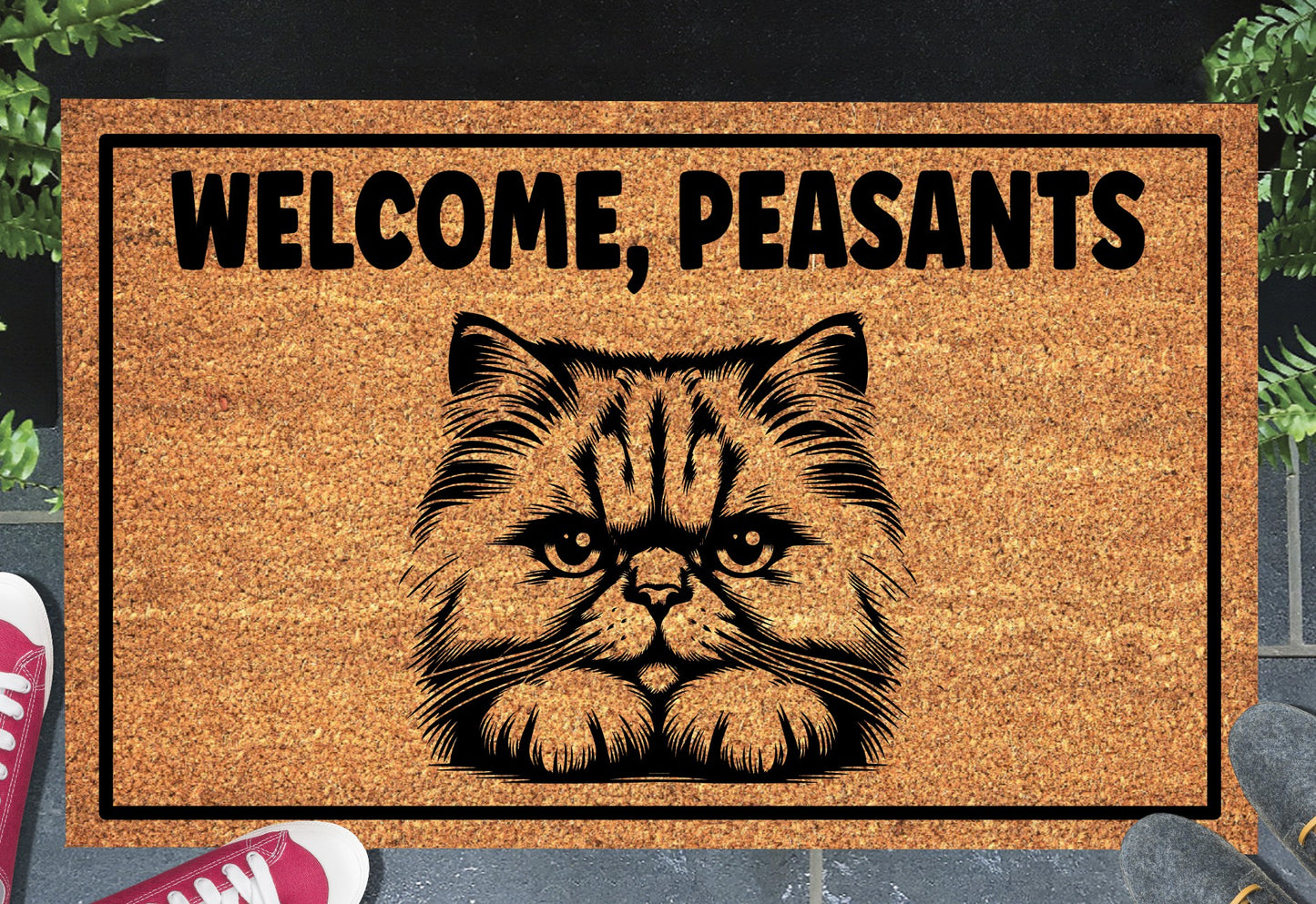 Persian cat coir doormat with Welcome Peasants text