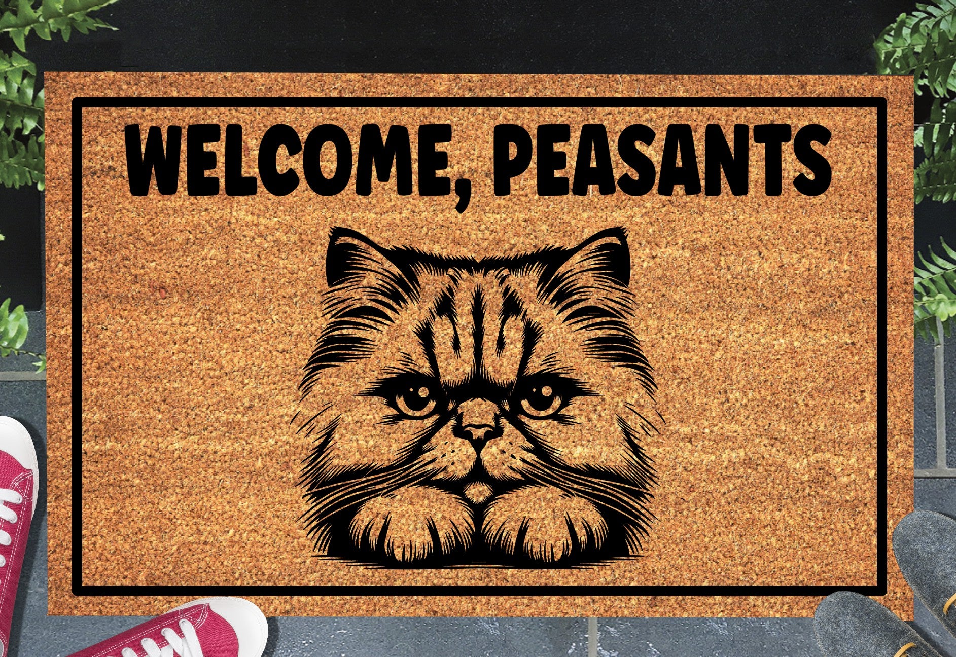 Persian cat coir doormat with Welcome Peasants text