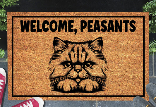 Persian cat coir doormat with Welcome Peasants text