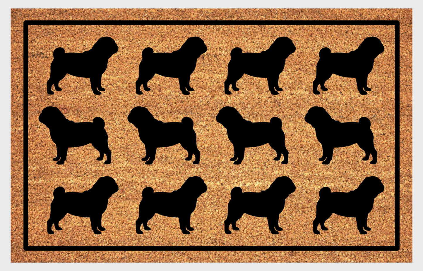 Pug Parade coir doormat — rows of Pug silhouettes with curled tail and stocky frame in a repeating pattern on a natural coir mat with black border
