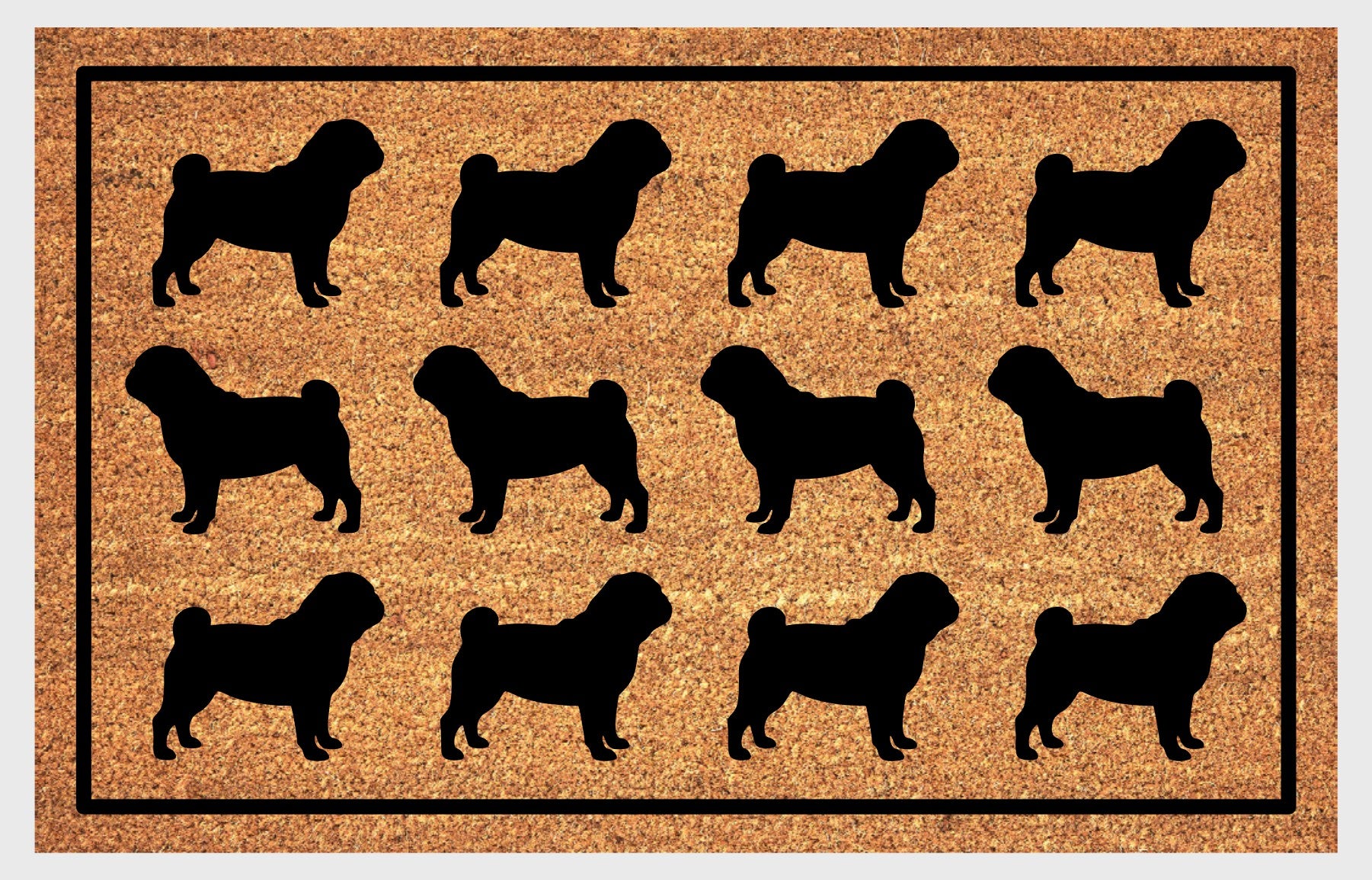 Pug Parade coir doormat — rows of Pug silhouettes with curled tail and stocky frame in a repeating pattern on a natural coir mat with black border