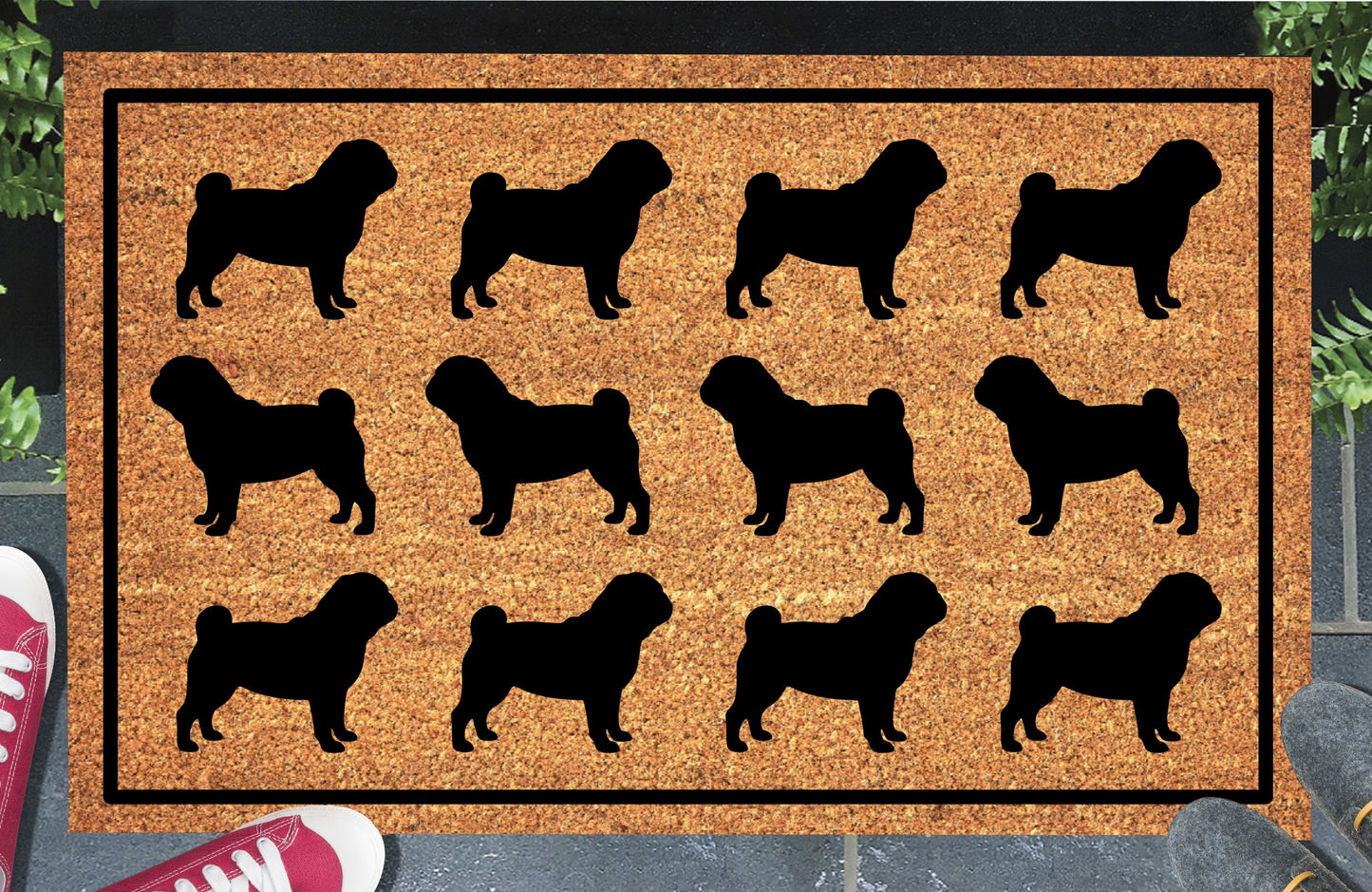 Pug Parade coir doormat in a doorway setting — rows of Pug silhouettes with curled tail and stocky frame in a repeating pattern on a natural coir mat with black border