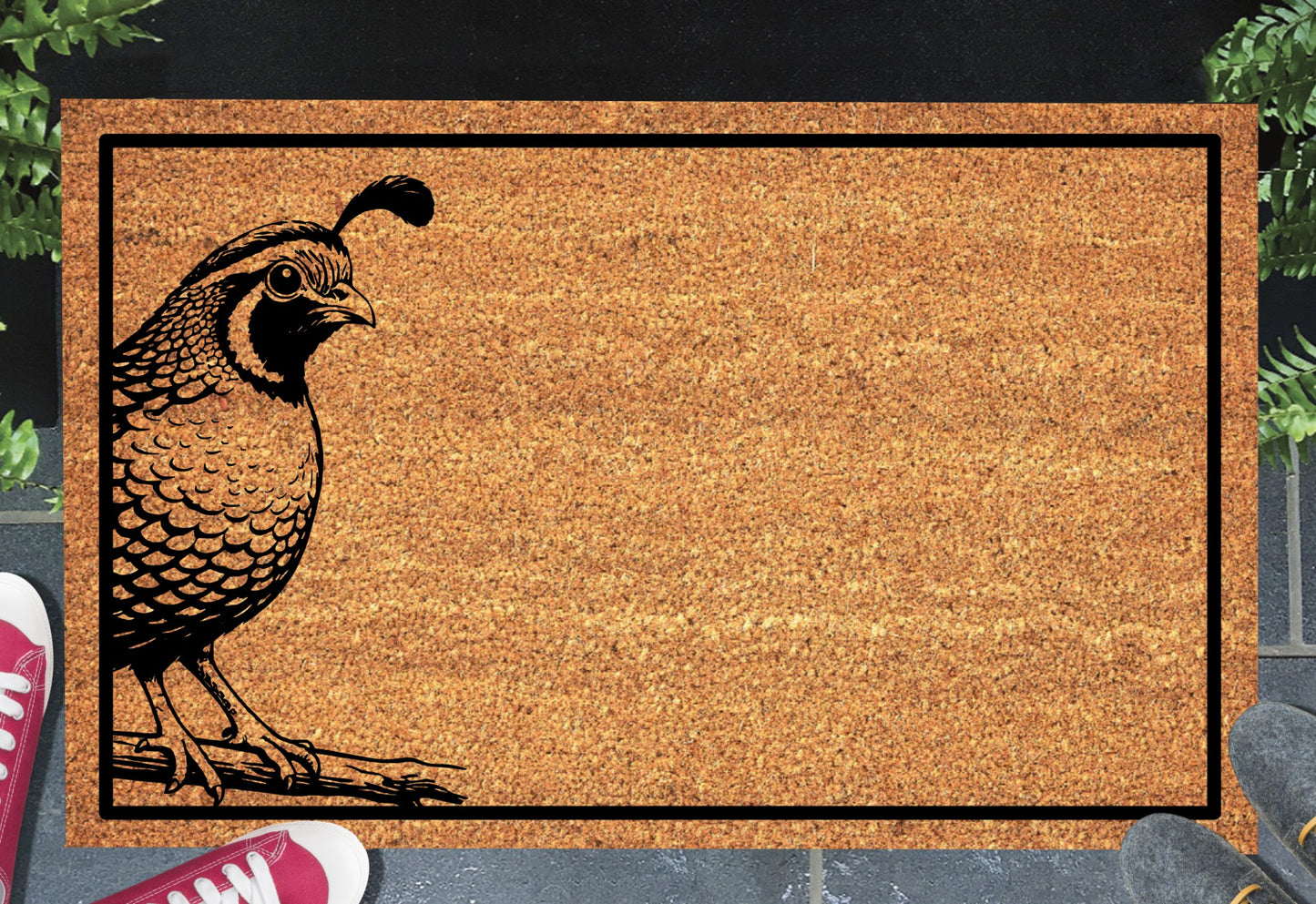 Quail peeking doormat at front door entryway - natural coir mat with charming quail design
