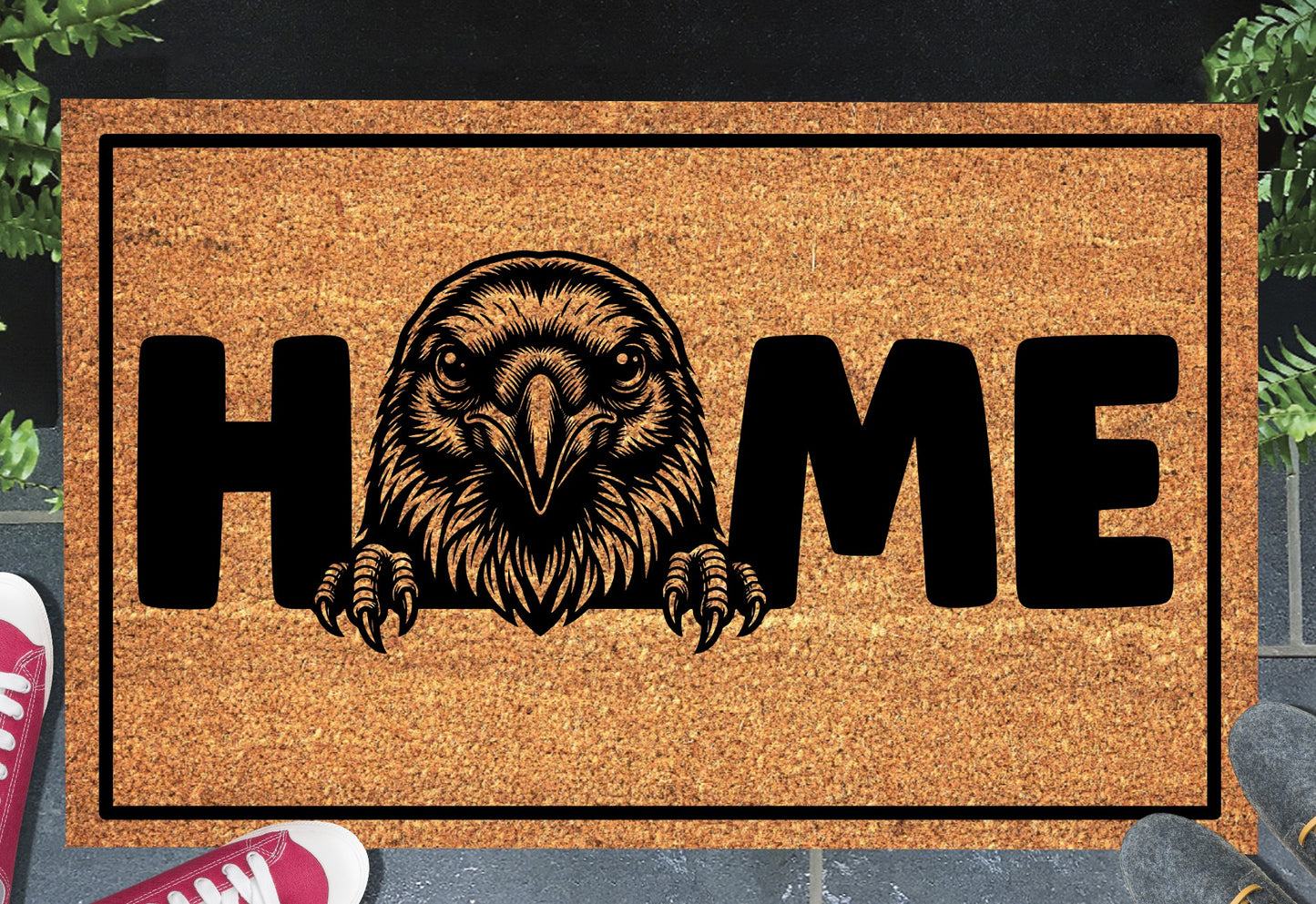 Raven doormat #1 on a front porch entryway