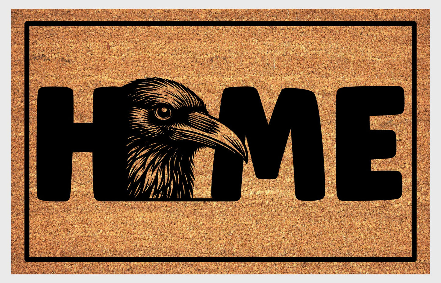 Raven Doormat #2 — natural coir mat with raven head portrait as the O in HOME lettering — Guardians of the Tower Welcome Mat


