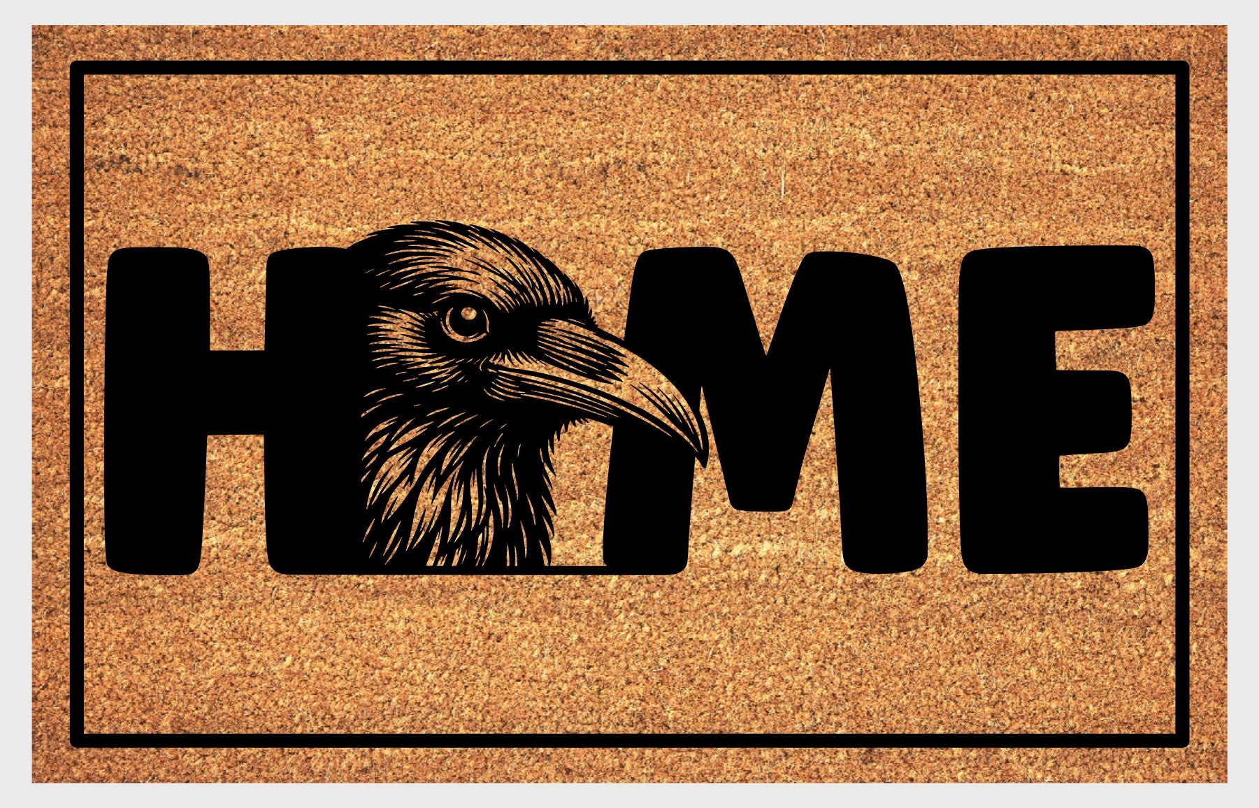 Raven Doormat #2 — natural coir mat with raven head portrait as the O in HOME lettering — Guardians of the Tower Welcome Mat

