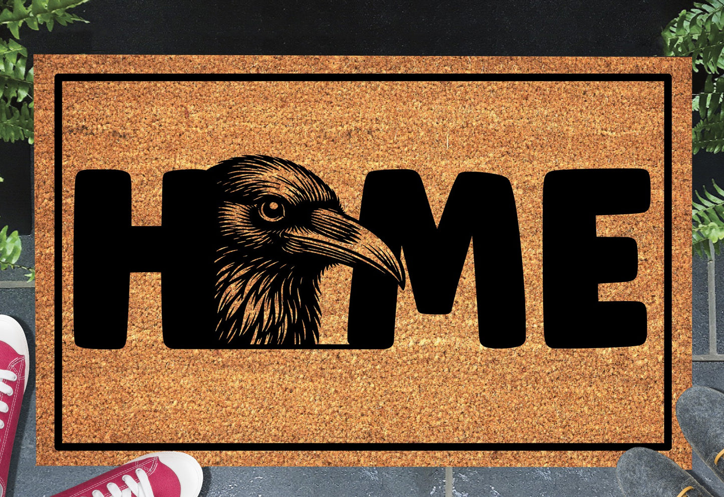 Raven doormat #2 on a front porch entryway — raven head illustration replacing the O in HOME
