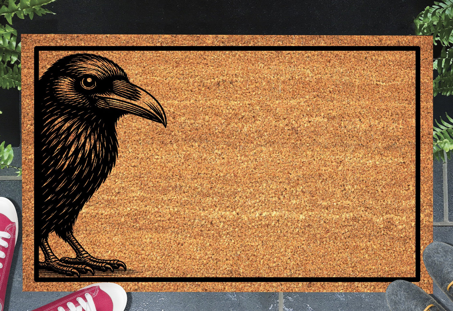 Raven side-profile illustration on a natural coir doormat on a front porch entryway