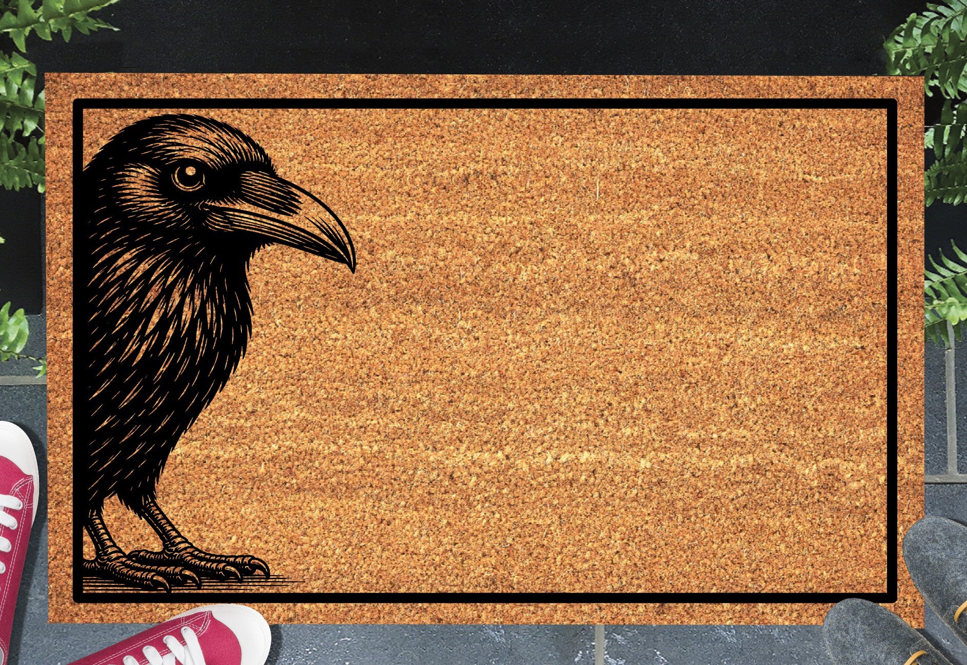 Raven side-profile illustration on a natural coir doormat on a front porch entryway