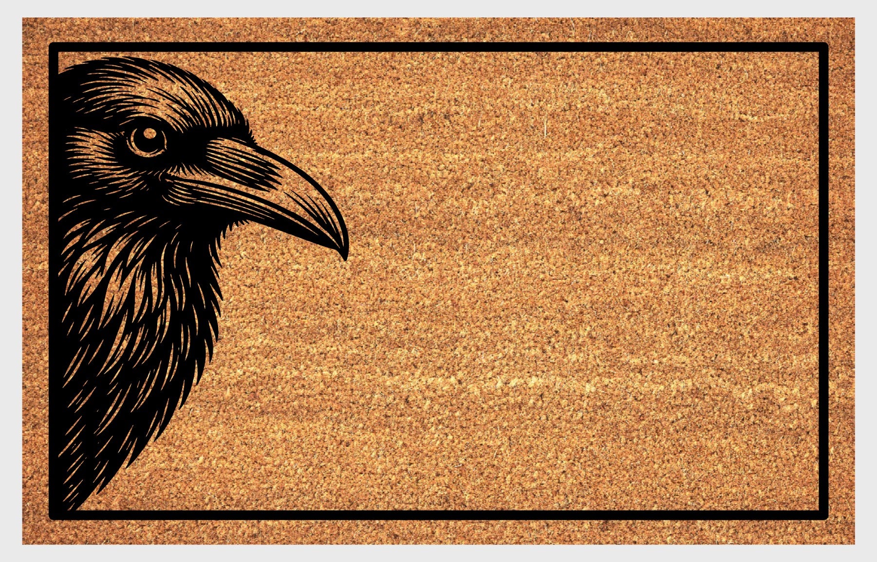 Raven Peeking Doormat #2 — bold raven head portrait illustration on natural coir — Guardians of the Tower Welcome Mat