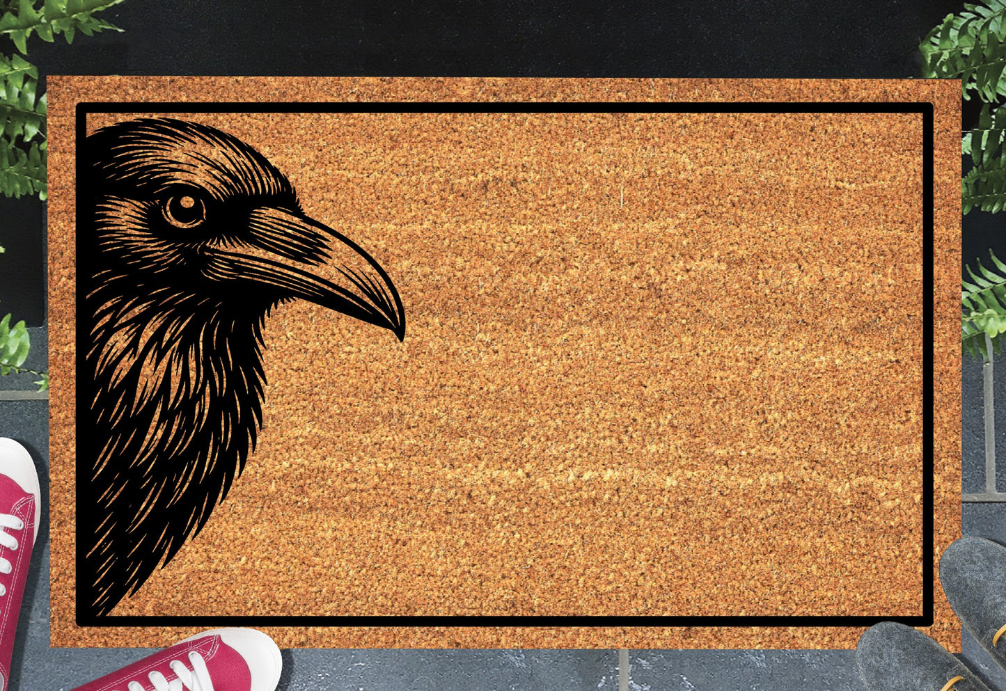 Raven head portrait peeking from the edge of a natural coir doormat on a front porch entryway
