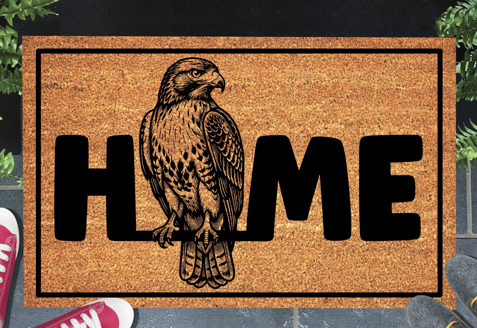 Red-Tailed Hawk HOME doormat in entryway – natural coir hawk welcome mat