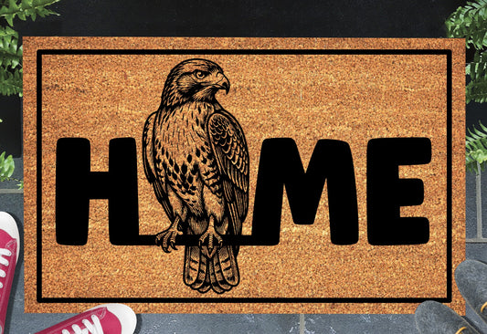Red-Tailed Hawk HOME doormat in entryway – natural coir hawk welcome mat