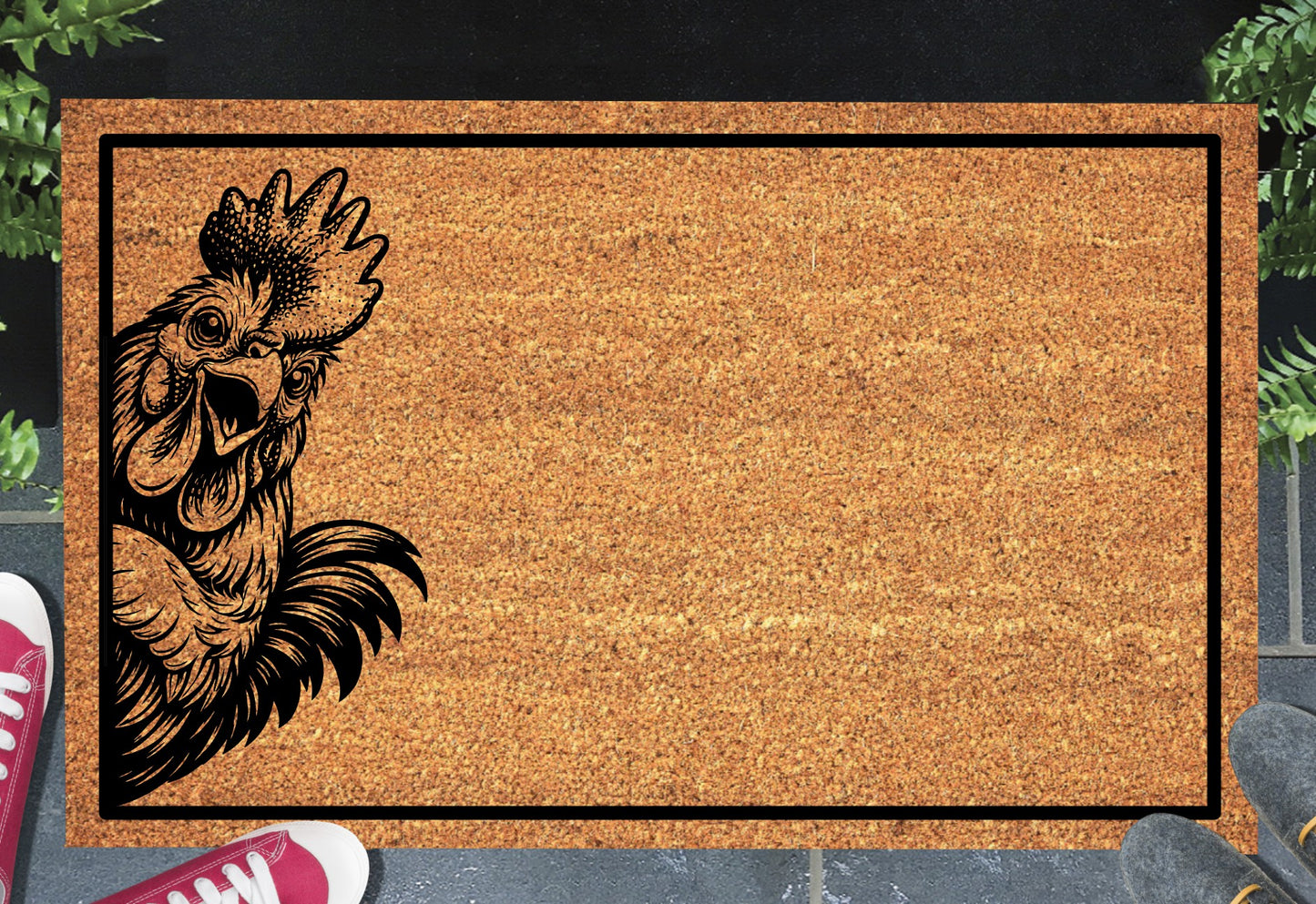 Rooster Peeking Doormat - Natural coir welcome mat featuring adorable peeping rooster design with non-slip backing