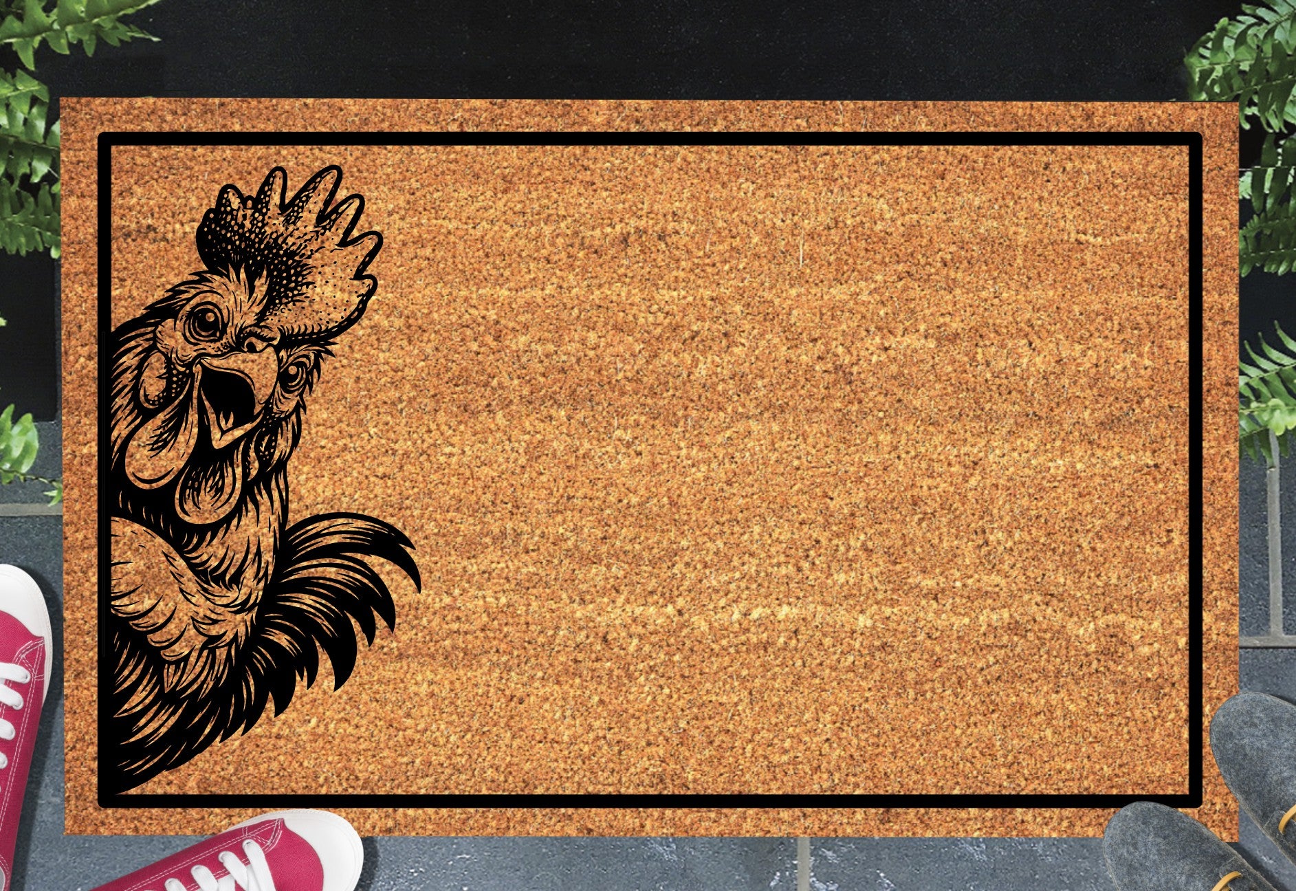 Rooster Peeking Doormat - Natural coir welcome mat featuring adorable peeping rooster design with non-slip backing