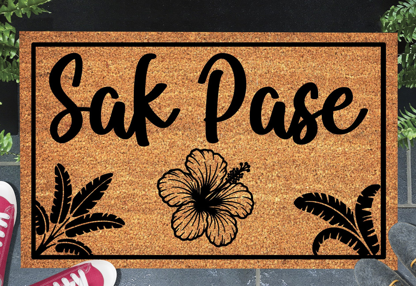 Sak Pase Haitian Creole doormat in a doorway setting — natural coir welcome mat