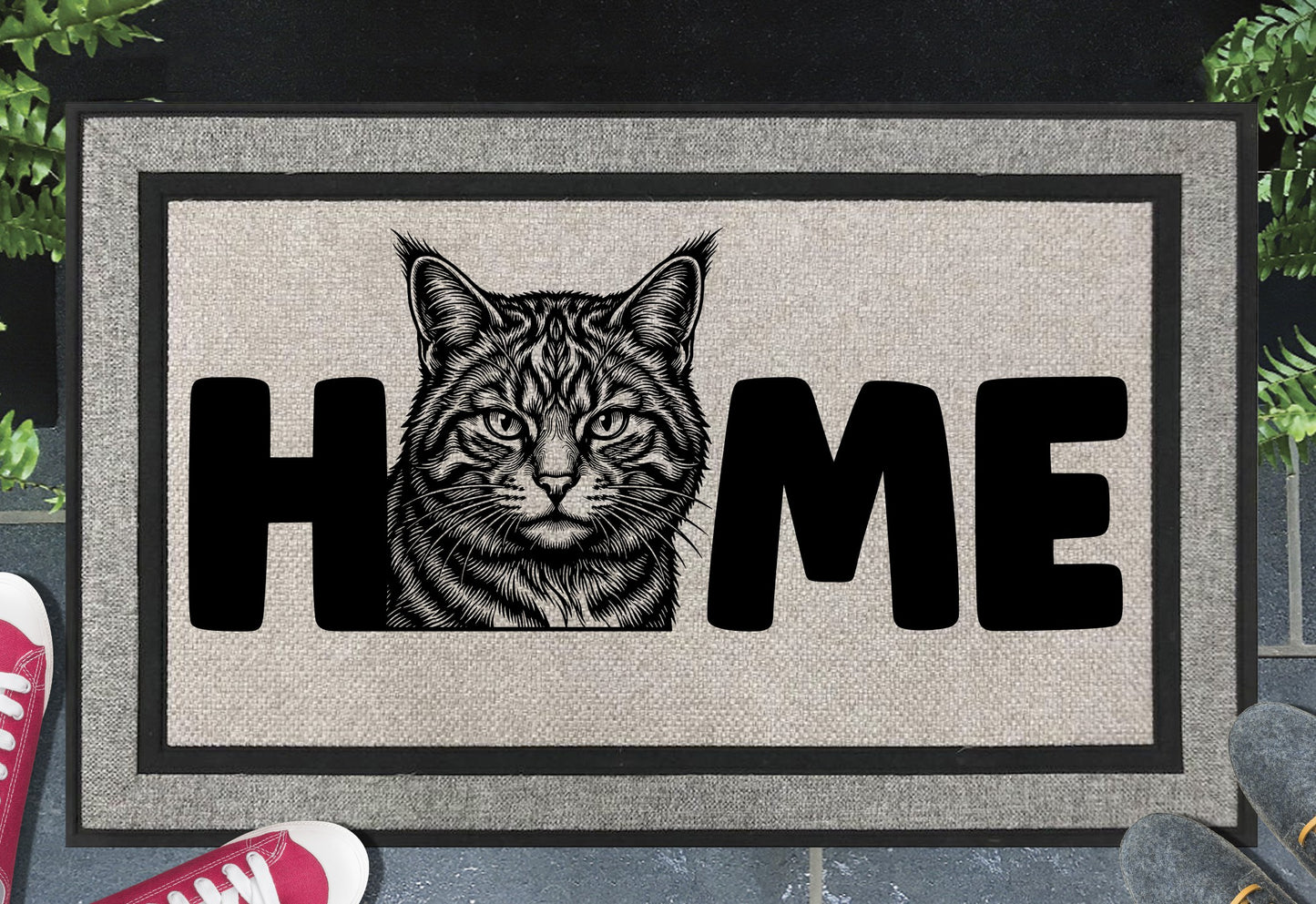 Scottish Wildcat all-weather doormat shown at front door, bold HOME lettering with Scottish Wildcat portrait illustration on grey woven polyester mat