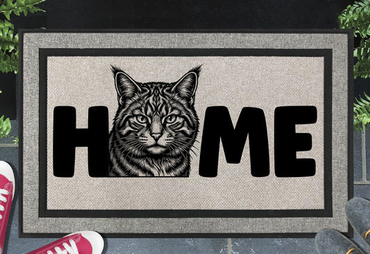 Scottish Wildcat all-weather doormat shown at front door, bold HOME lettering with Scottish Wildcat portrait illustration on grey woven polyester mat