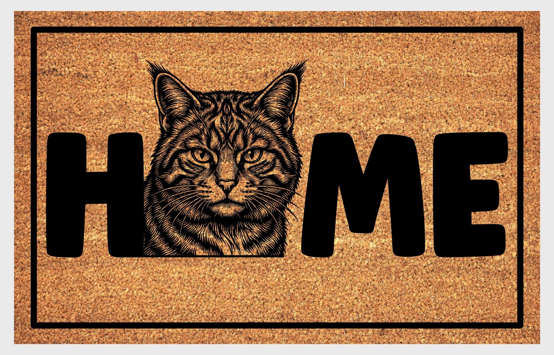 Scottish Wildcat coir doormat on front porch — wildcat portrait with HOME lettering on natural fiber welcome mat