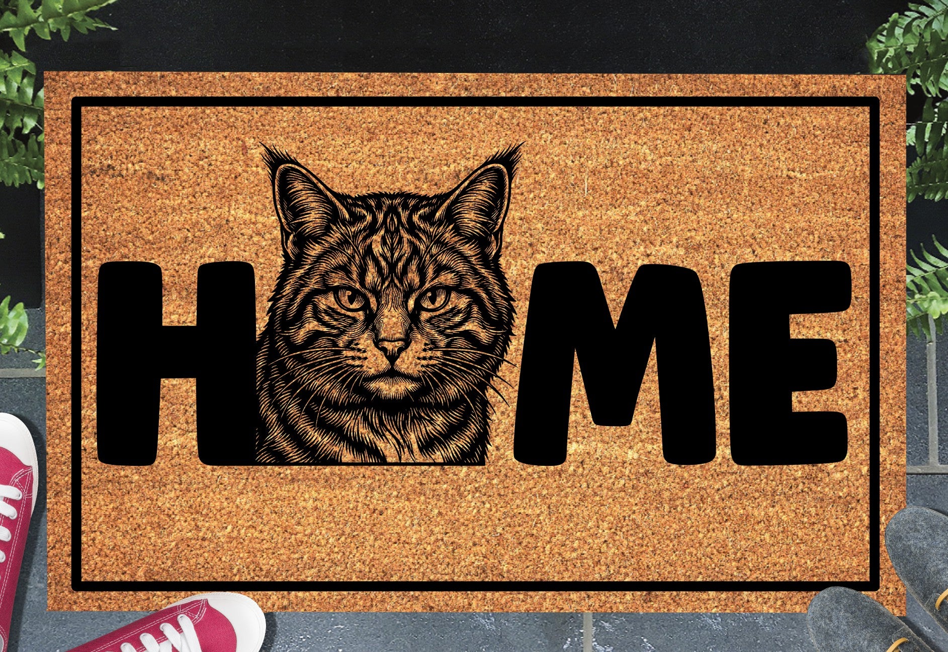 Scottish Wildcat doormat — portrait illustration with HOME lettering on natural coir welcome mat, 18x30