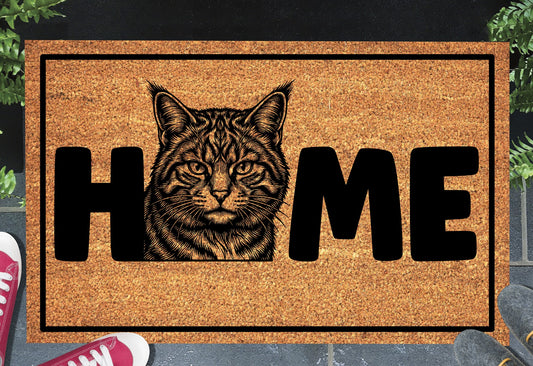 Scottish Wildcat doormat — portrait illustration with HOME lettering on natural coir welcome mat, 18x30