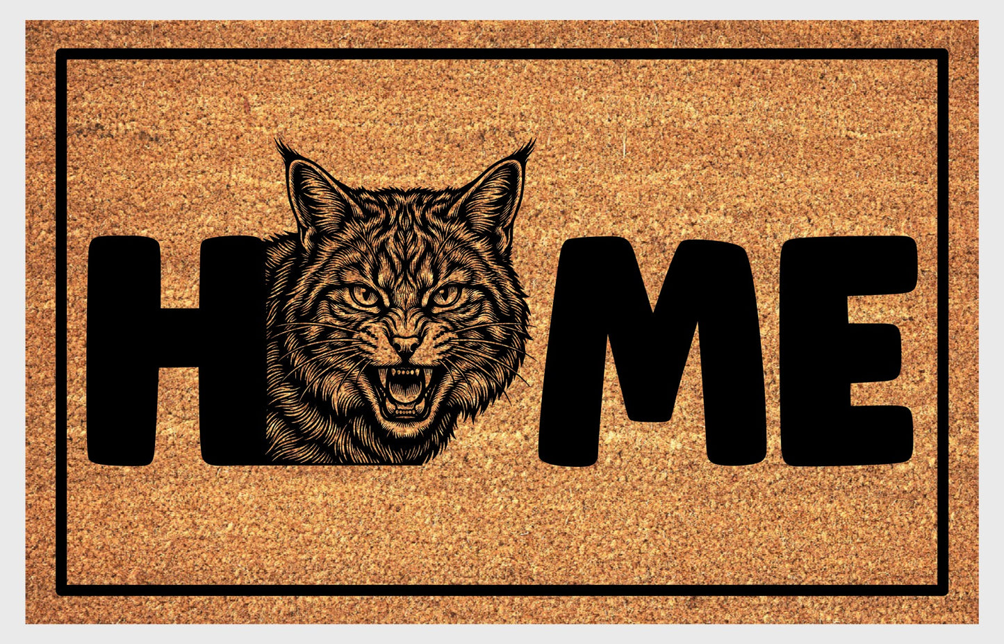 Scottish Wildcat hissing coir doormat on front porch — hissing wildcat portrait with HOME lettering on natural fiber welcome mat
