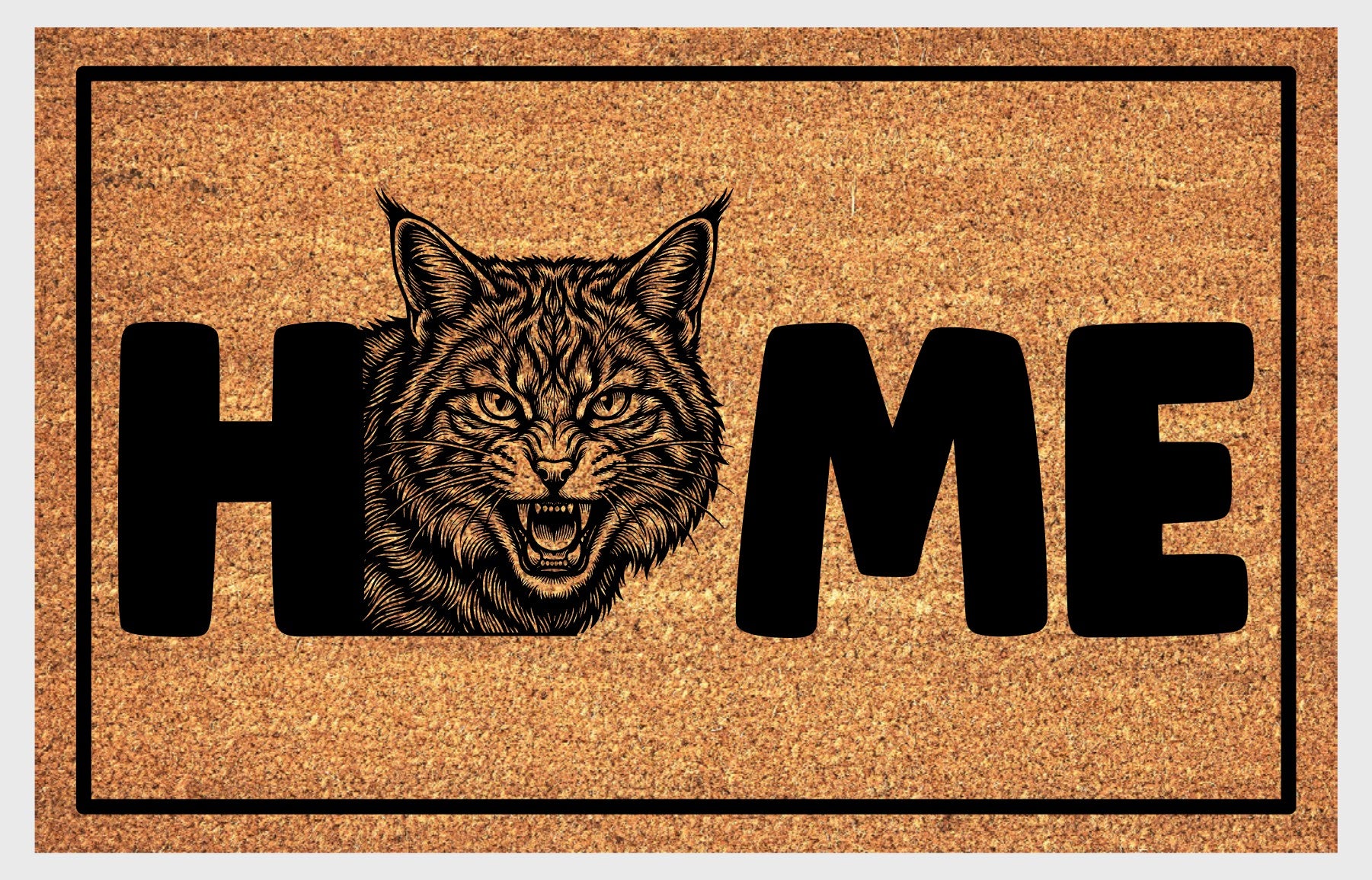 Scottish Wildcat hissing coir doormat on front porch — hissing wildcat portrait with HOME lettering on natural fiber welcome mat