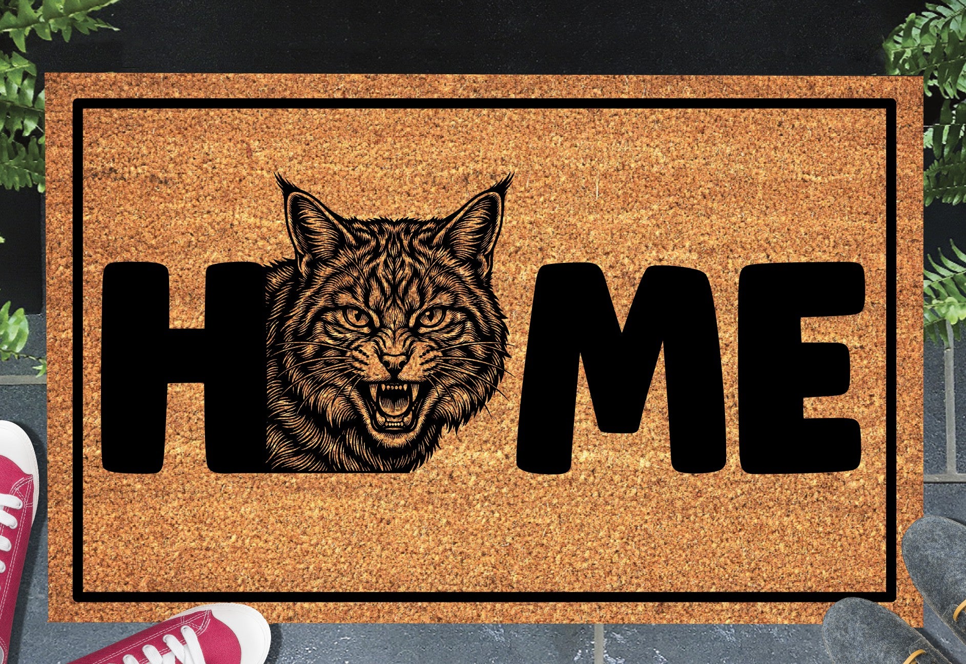 Scottish Wildcat doormat — mid-hiss wildcat portrait with HOME lettering on natural coir welcome mat, 18x30