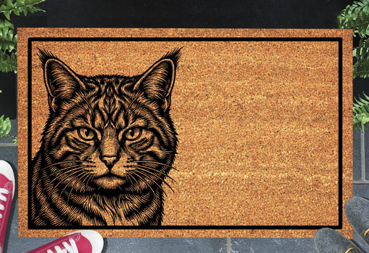Scottish Wildcat doormat — wildcat peering over edge on natural coir welcome mat, 18x30