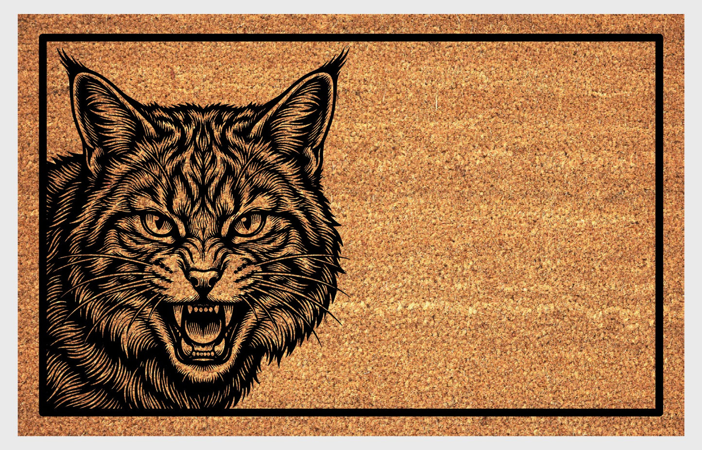 Scottish Wildcat doormat on front porch — peeping wildcat in hissing pose on natural fiber welcome mat