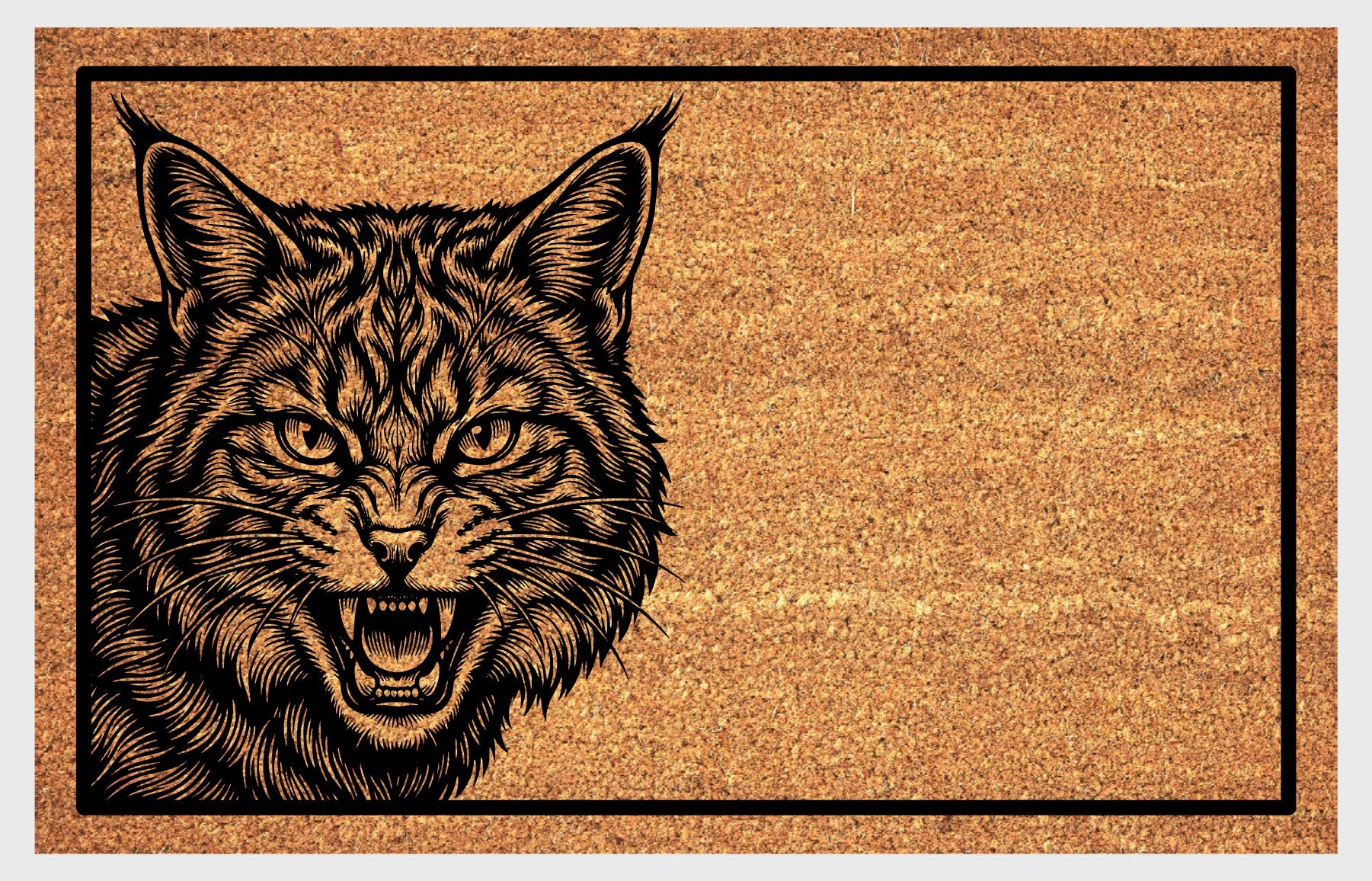 Scottish Wildcat doormat on front porch — peeping wildcat in hissing pose on natural fiber welcome mat
