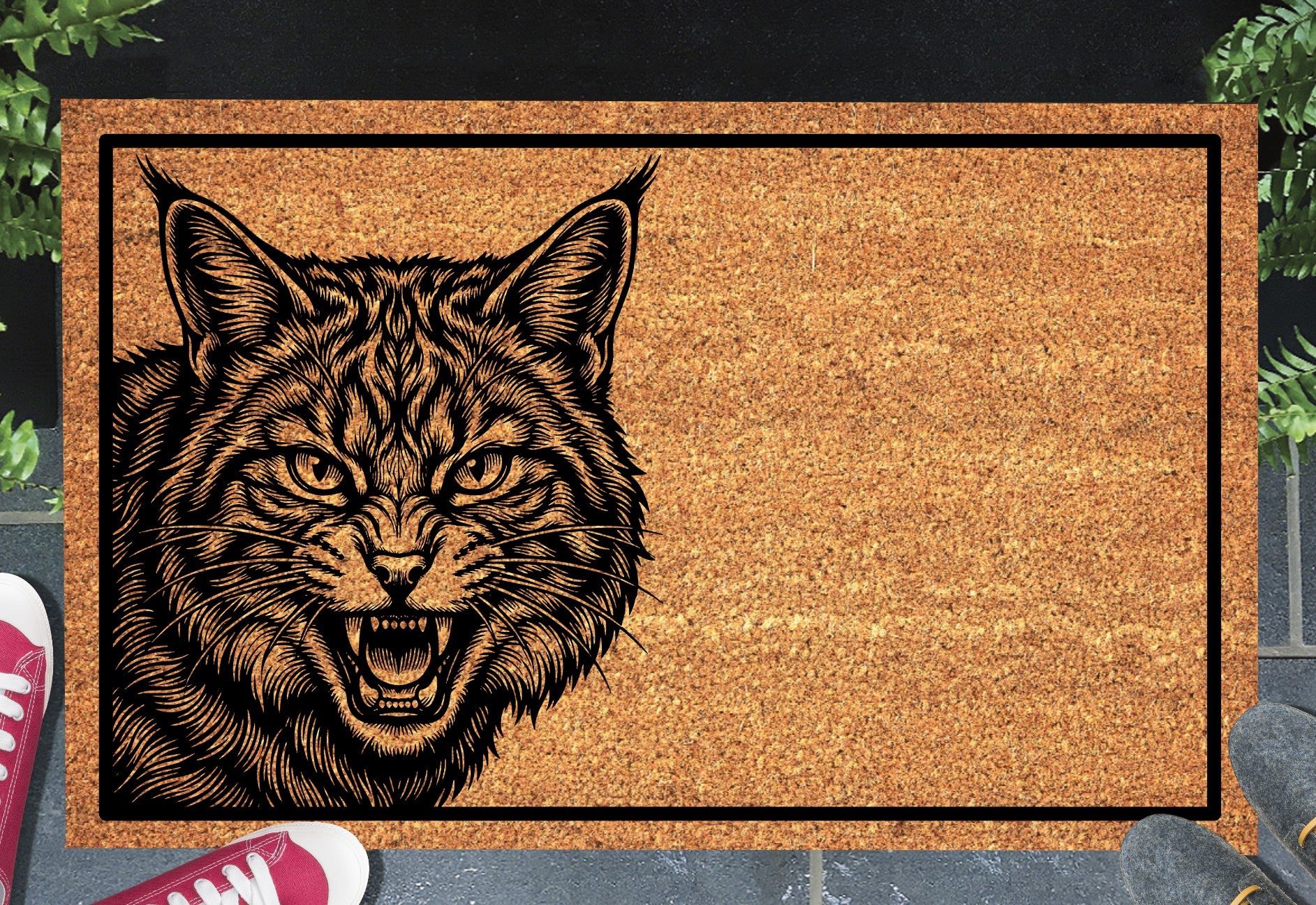 Scottish Wildcat hissing doormat — wildcat caught mid-hiss peering over edge on natural coir welcome mat, 18x30