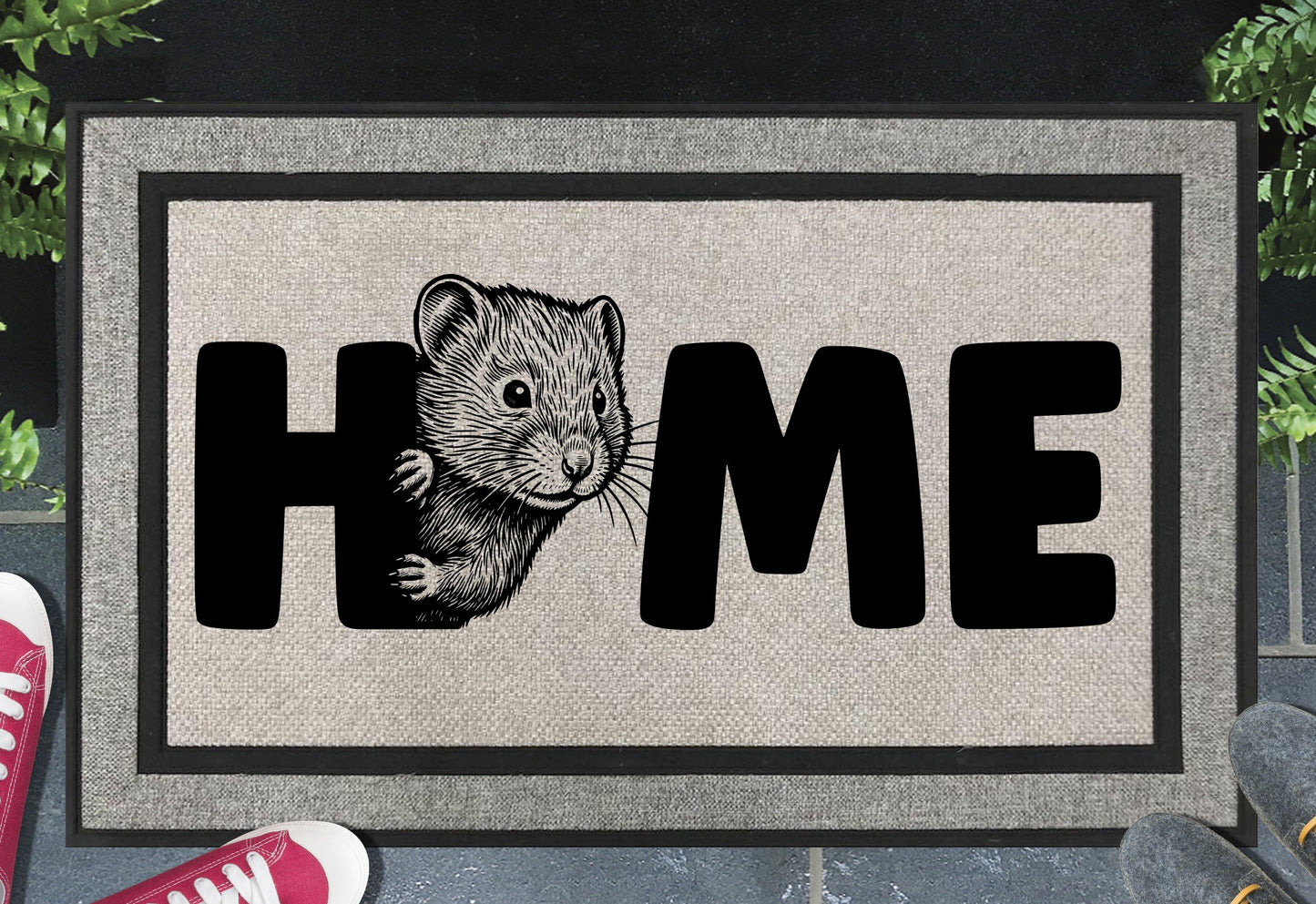 Shetland Vole all-weather doormat shown at front door, Shetland Vole portrait illustration with HOME lettering on grey woven polyester mat