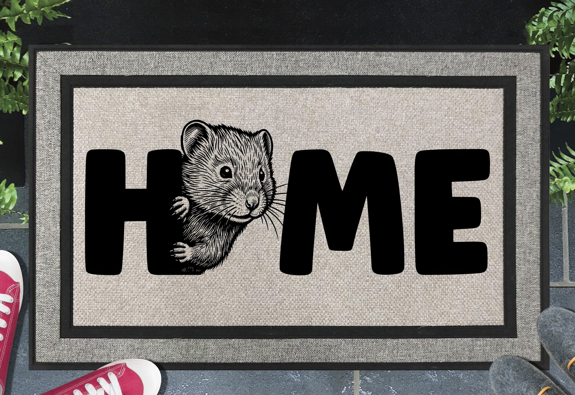Shetland Vole all-weather doormat shown at front door, Shetland Vole portrait illustration with HOME lettering on grey woven polyester mat