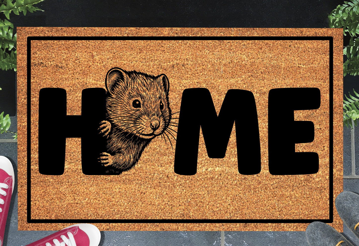 Shetland Vole doormat on front porch — vole portrait with HOME lettering on natural fiber welcome mat
