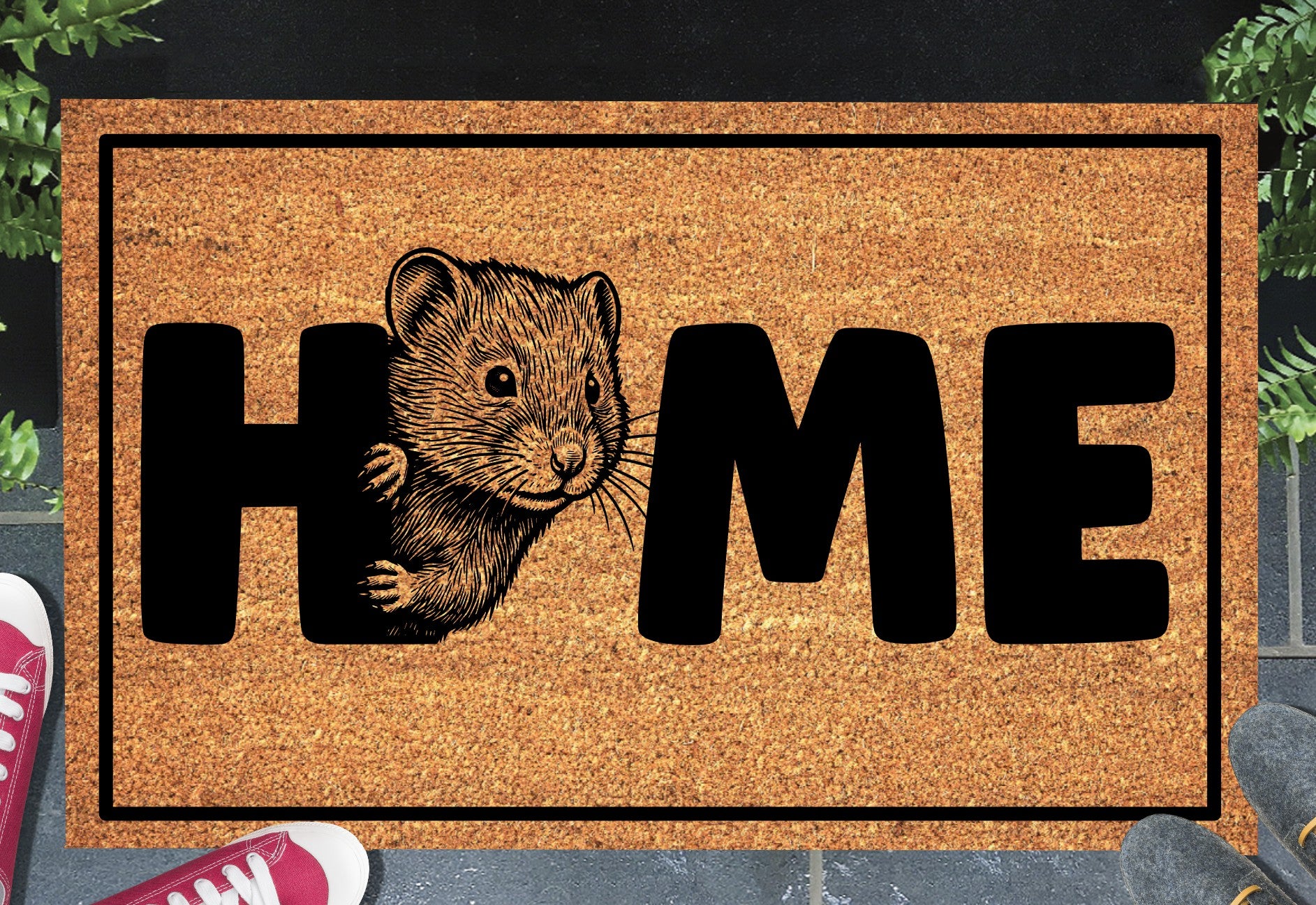 Shetland Vole doormat on front porch — vole portrait with HOME lettering on natural fiber welcome mat